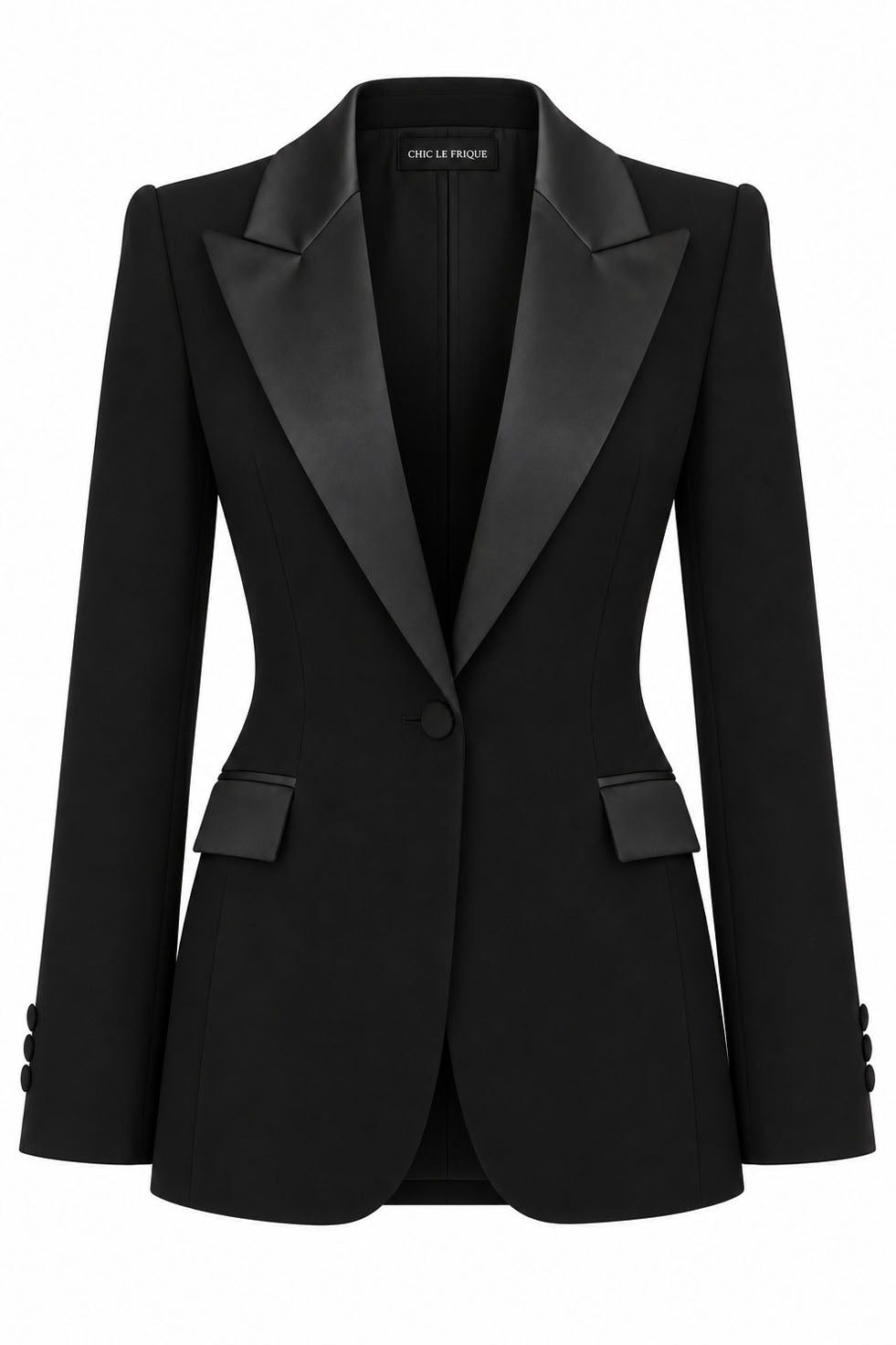 A black tailored blazer with satin peak lapels, a single front button, and flap pockets, shown on a plain white background. The brand name 'ONE LA PROPRE' is visible on the inner neck label.
